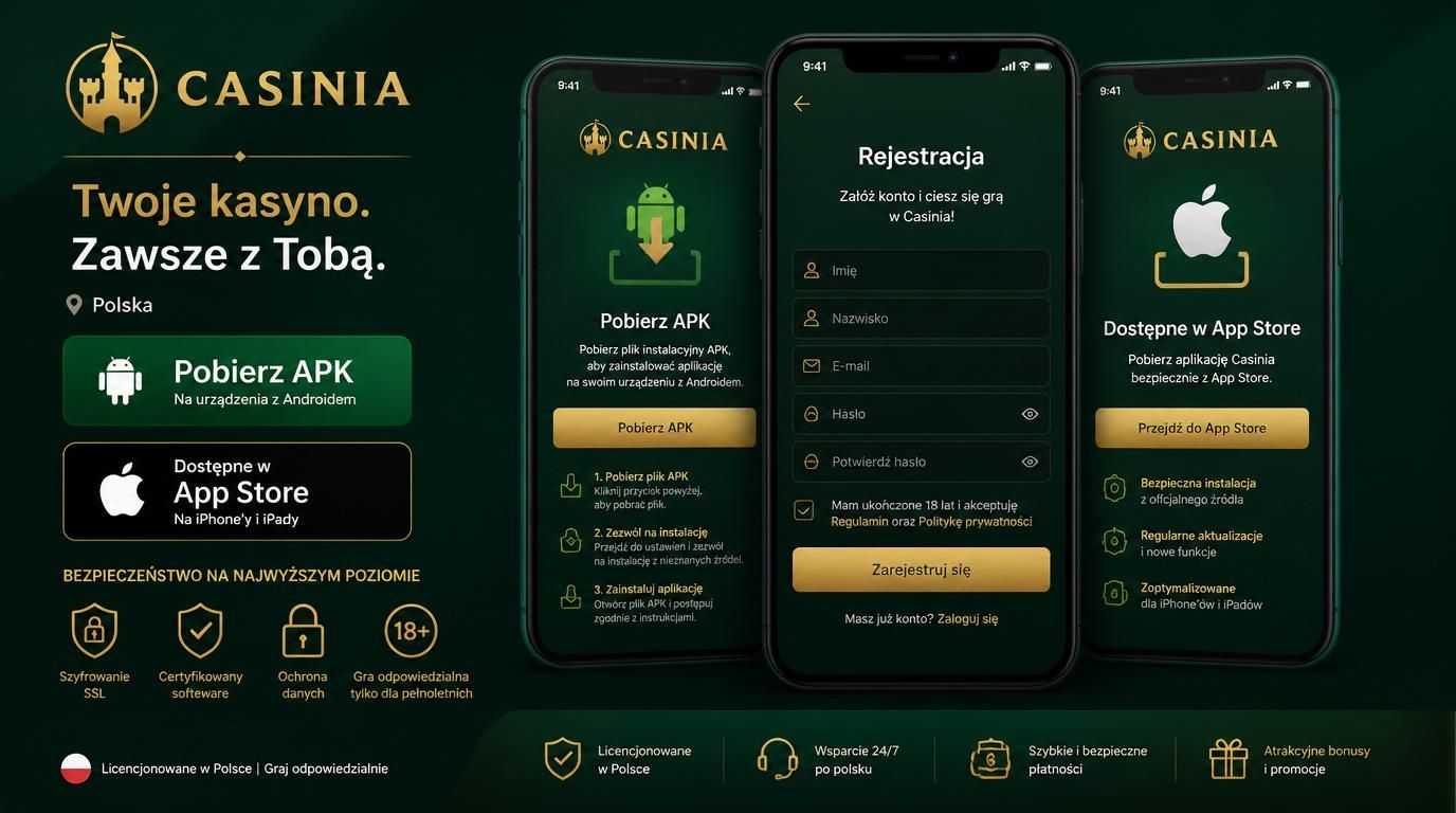 ekran pobierania aplikacji mobilnej kasyna Casinia na Androida i iOS