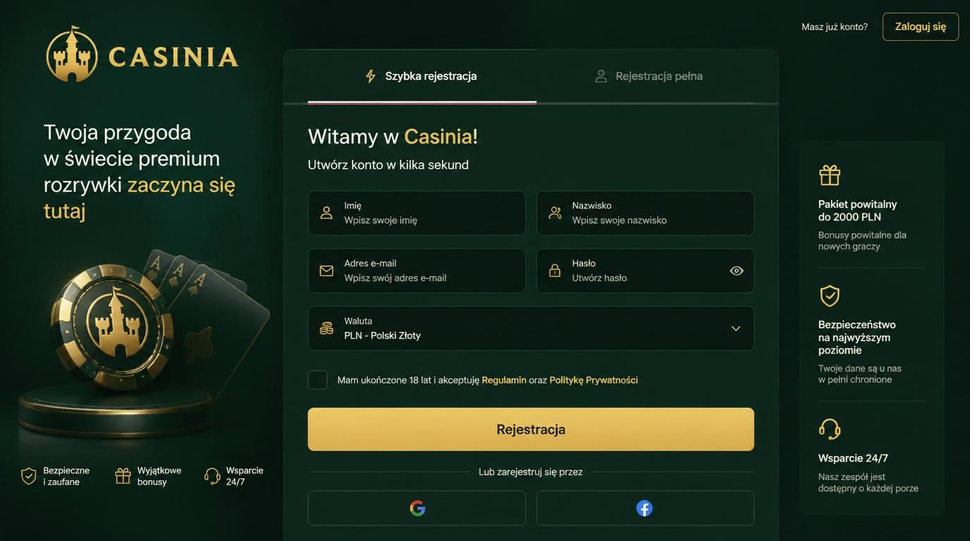 Formularz rejestracji w Casinia Casino z polskim interfejsem