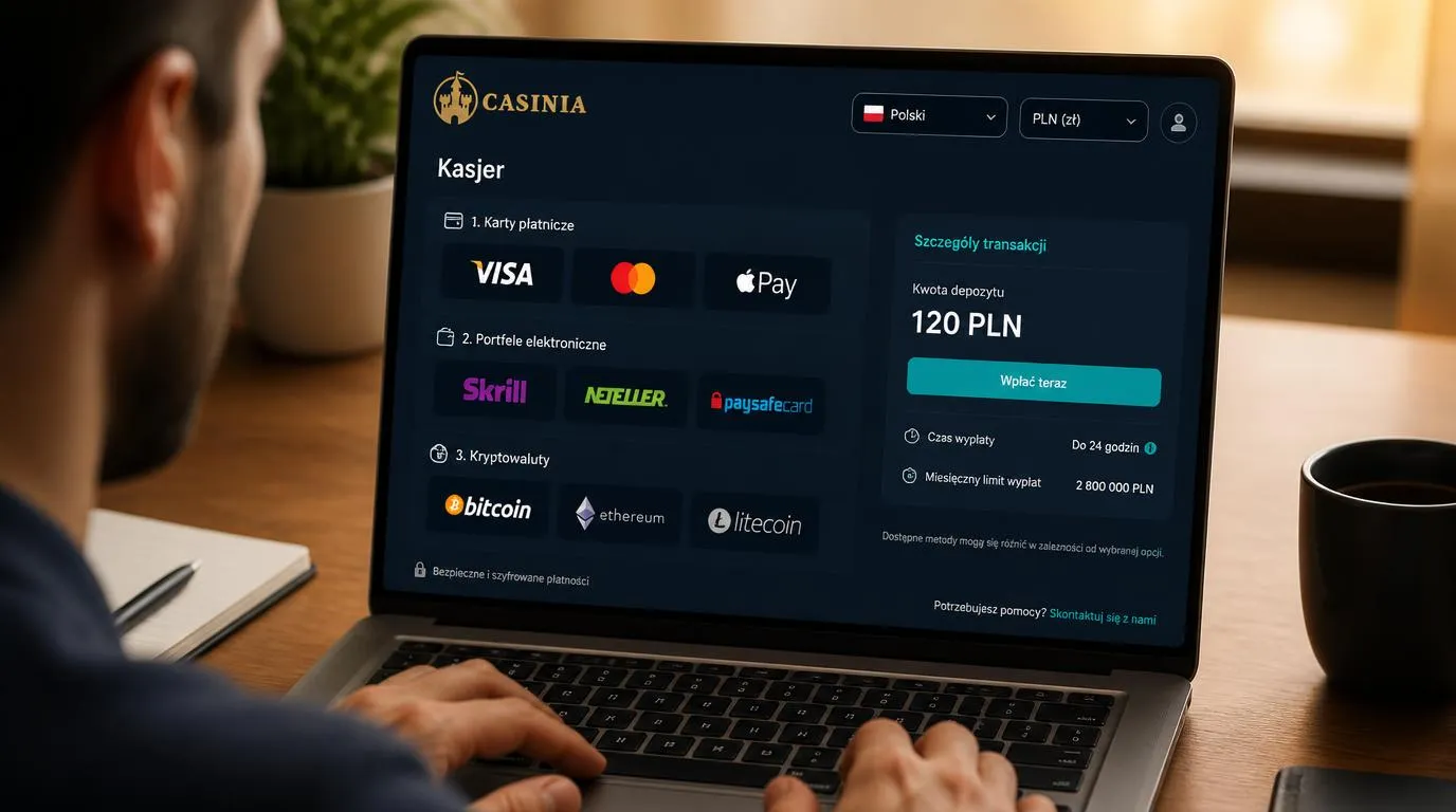 Ekran kasjera z kartami, portfelami i kryptowalutami oraz ustawieniami języka polskiego i PLN