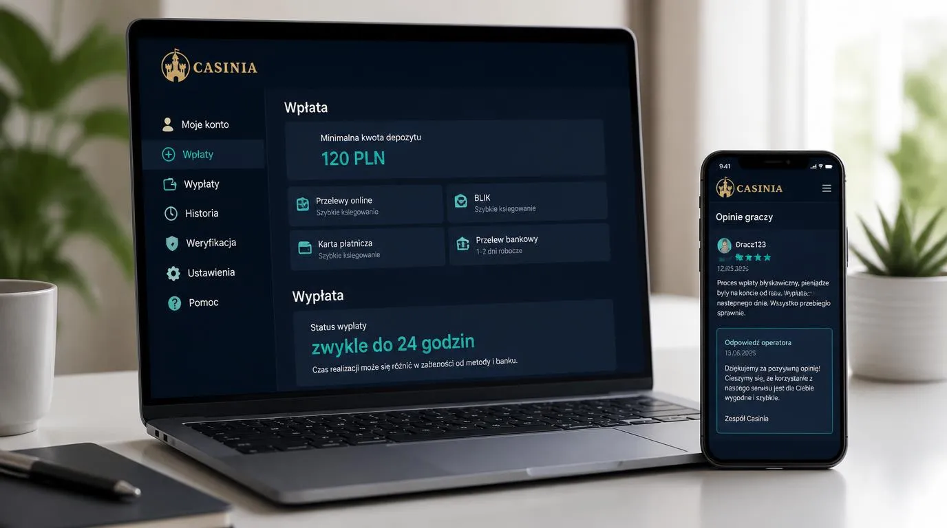 Ekran konta kasyna z progiem wpłaty 120 PLN i informacją o wypłatach zwykle do 24 godzin